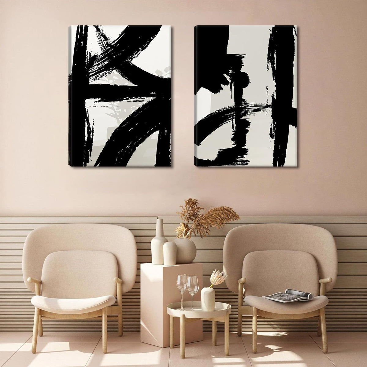 Black and White Brush Stroke Canvas Wall Art Modern Abstract Minimalist Ink Line Painting Picture Mid Century Geometric Prints Poster Retro Graffiti Artwork for Office Home Decor 12x16in