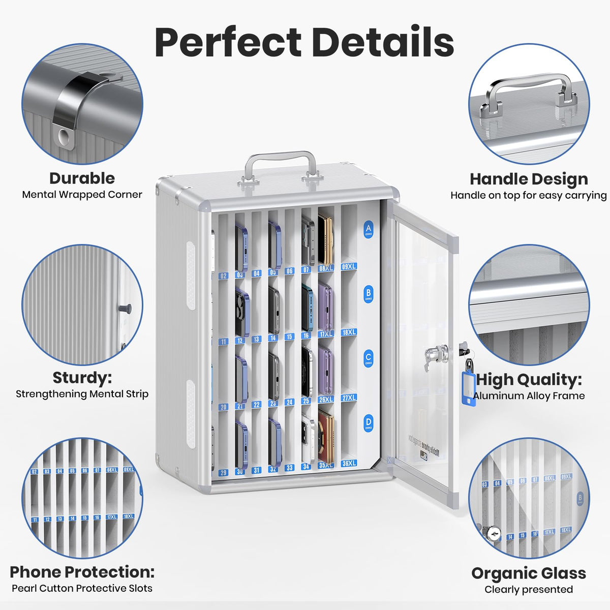 Lockbako 36 Slots Cell Phone Locker for Classroom, Portable Mobile Phone Storage Box with 【2 Different Size Slots】, Phone Lock Box Wall Mounted (Silver)