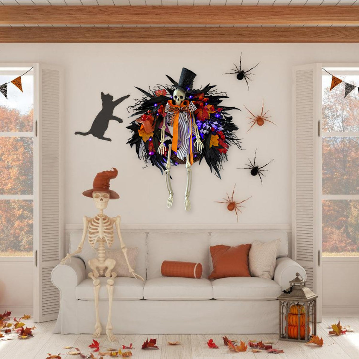 HipTree 28 Inch Halloween Skeleton Wreath for Front Door with Lights, Lighted Gothic Dark Aesthetic Door Wreath with Autumn Leaves Indoor Decorations Centerpiece Party Holiday Wall Home Decor