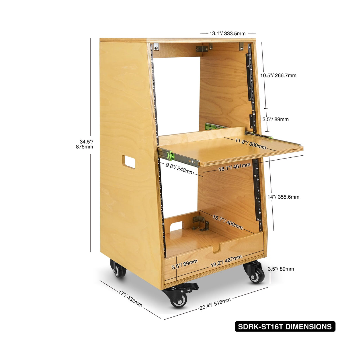 Sound Town DIY Slanted 16U Studio Rack (8U Top + 8U Lower), with 2U Bottom Storage, Slide-Out Tray, Caster, Plywood, Golden Oak for Recording Room, Home Studio (SDRK-ST16T)