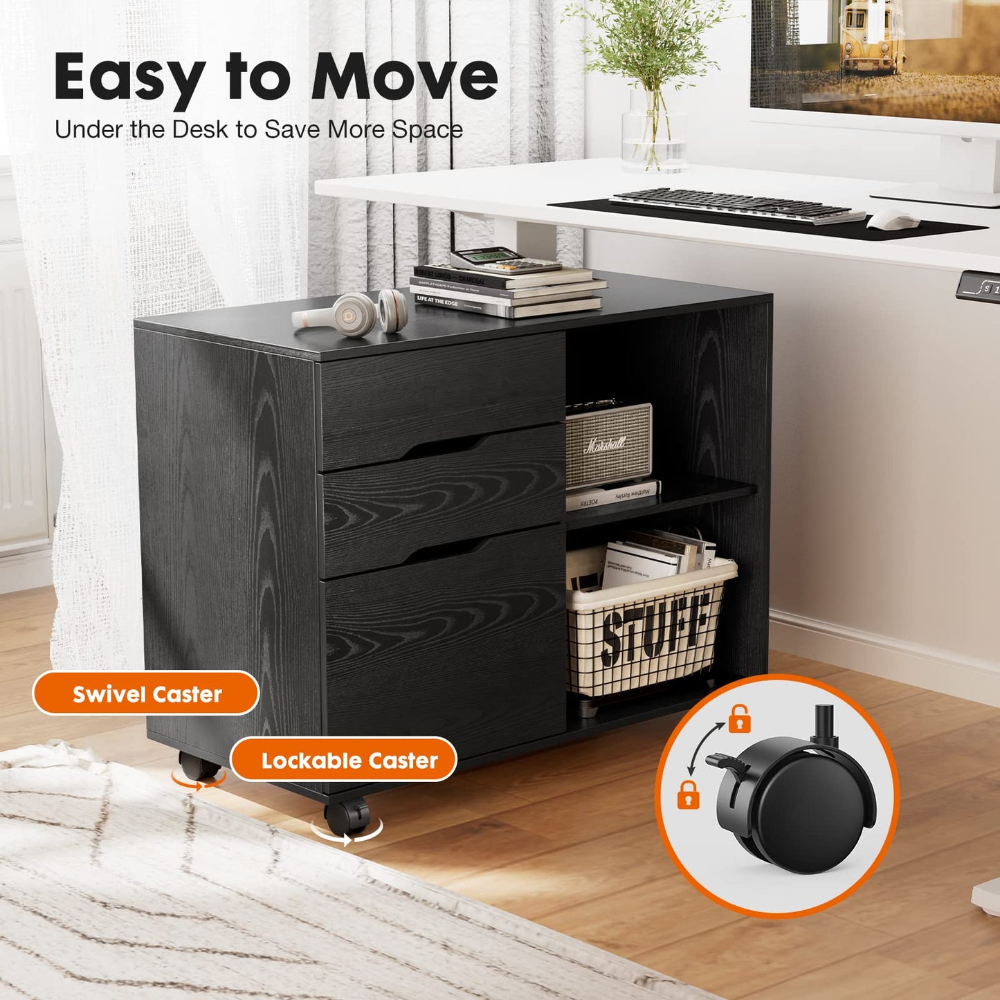 UOCFYK File Cabinet with 3 Drawers, Mobile Lateral Filing Cabinet with Open Storage Shelves for Home Office Under Desk Storage, Black
