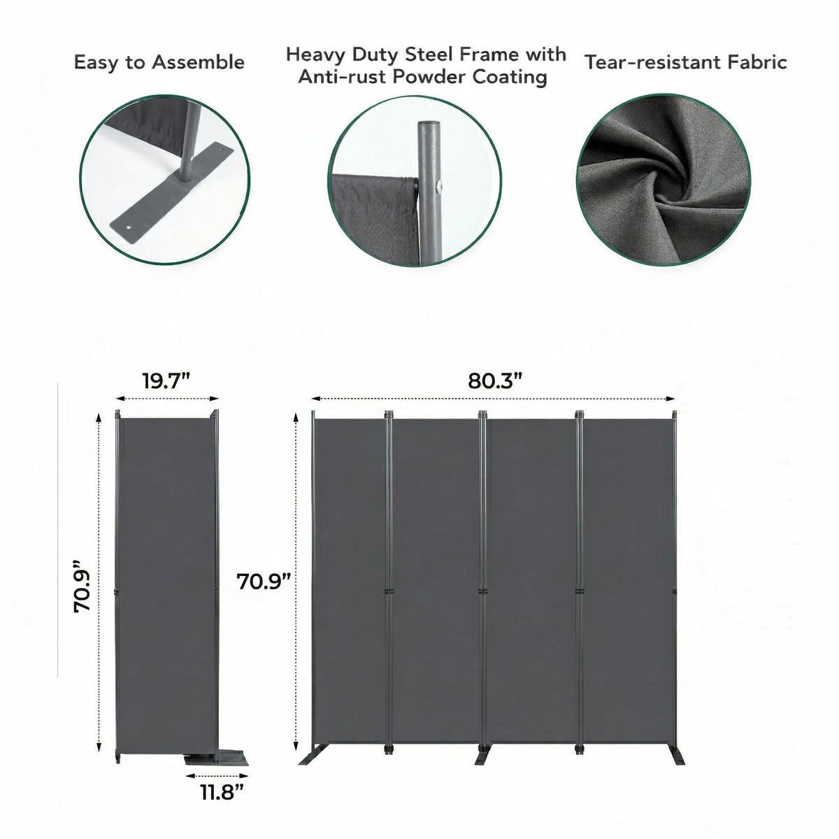 4-Panels Room Divider, 6FT Tall Freestanding Privacy Screen, Portable Partition with Non-Slip Base for Home Office, Bedroom, Studio Room Separation 80" W X 71" H Gray