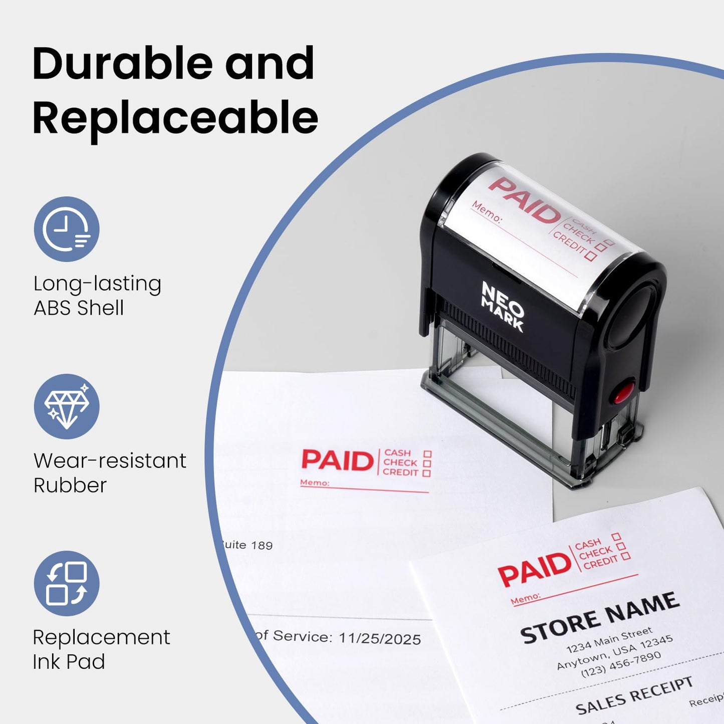 NEO MARK Self-Inking Paid Rubber Stamp, Replaceable Office Stamp for for Business, Accounting & Retail Use – with an Extra Refill Ink Pad