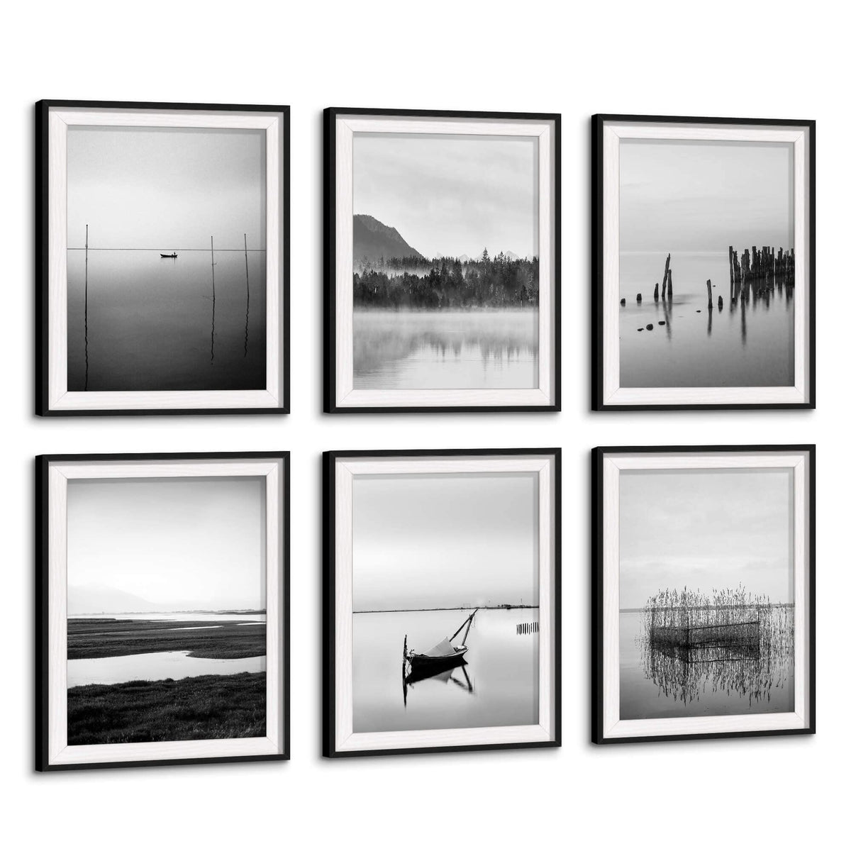 Lake Framed Wall Art Decor: Calming Nature Landscape Artwork 6 Piece Black Scenery Painting Print Vertical Boat Picture for Office Home Bedroom Living Room (Glass Panel Protection)