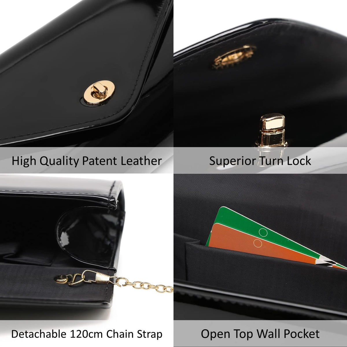 Patent Leather Envelope Clutch Womens Evening Handbag Stylish Shoulder Crossbody Bag for Dating Wedding Party Prom (Black 3008)