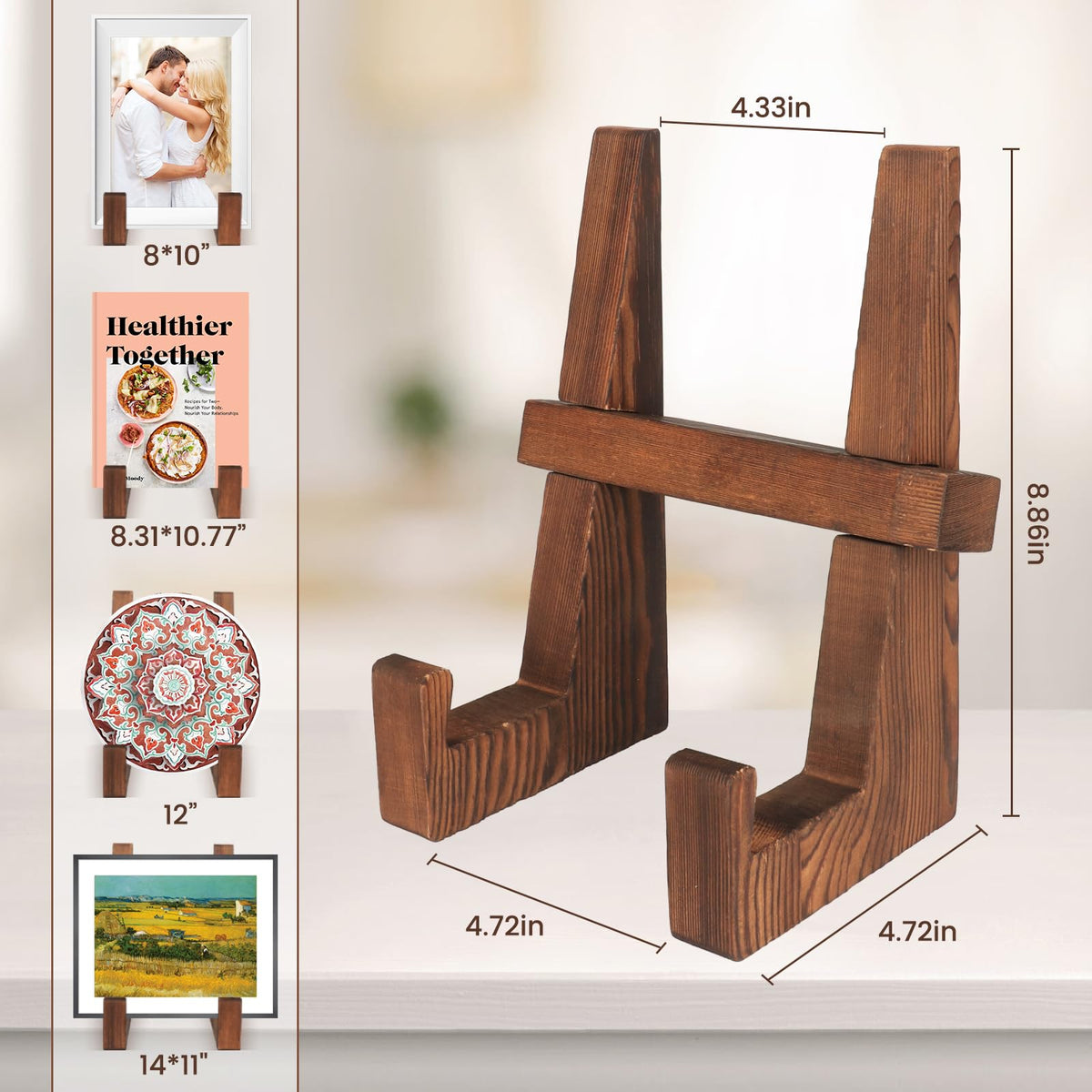 DEBETOOL Wooden Plate Stand - 8.8inch Wood Plate Holder Stand for Display, Rustic Wooden Picture Frame Holder Stand, Decorative Table Top Easels for Display