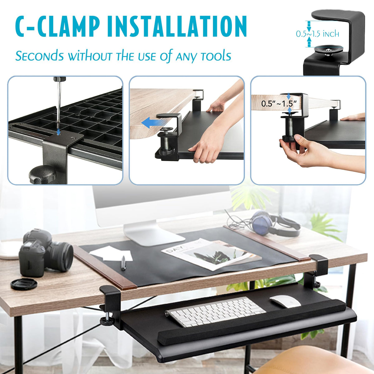 EHO Large Ergonomic C-Clamp Keyboard Tray Mount Under Desk with Wrist Rest, Slide-Out Platform 27.5" (31.8" Including Clamps) x 12.5", Pull Out Keyboard & Mouse Tray for Home or Office, Black