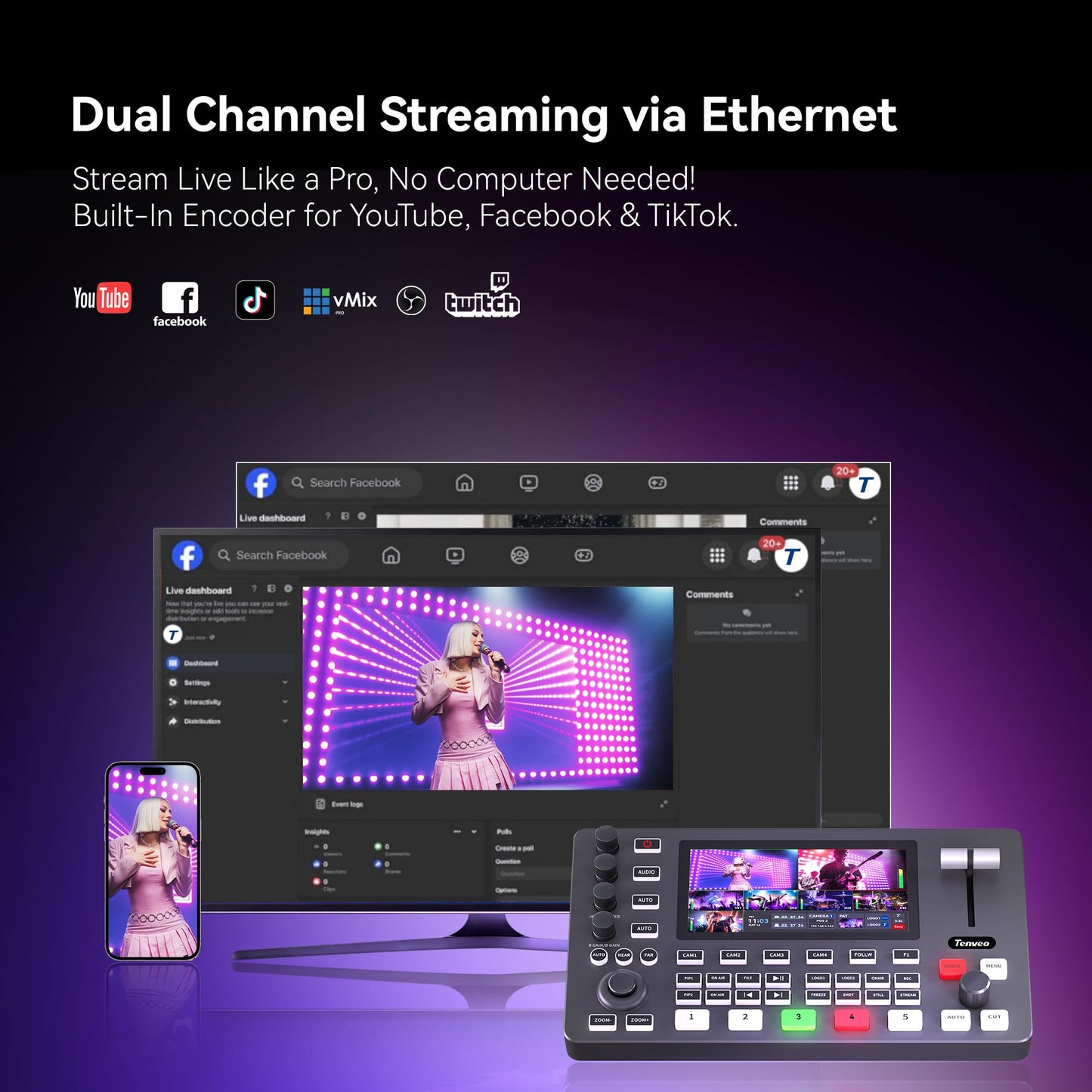 Tenveo 4K60FPS HDMI Video Switcher Mixer, 4*SDI & 4*HDMI Input, 5CH Live Streaming Switcher, 5.5’’ FHD Screen, 1080P60FPS Output, USB Video Recording, Support PTZ Camera and Controller, NDI Included