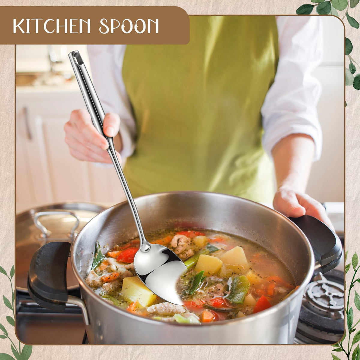 LOYIM 2 Pcs Stainless Steel Cooking Spoon, 15'' Large Stainless Steel Solid Serving, Basting Spoon for Cooking, Kitchen Non-stick and Heat Resistant, Dishwasher Safe, Easy to Clean