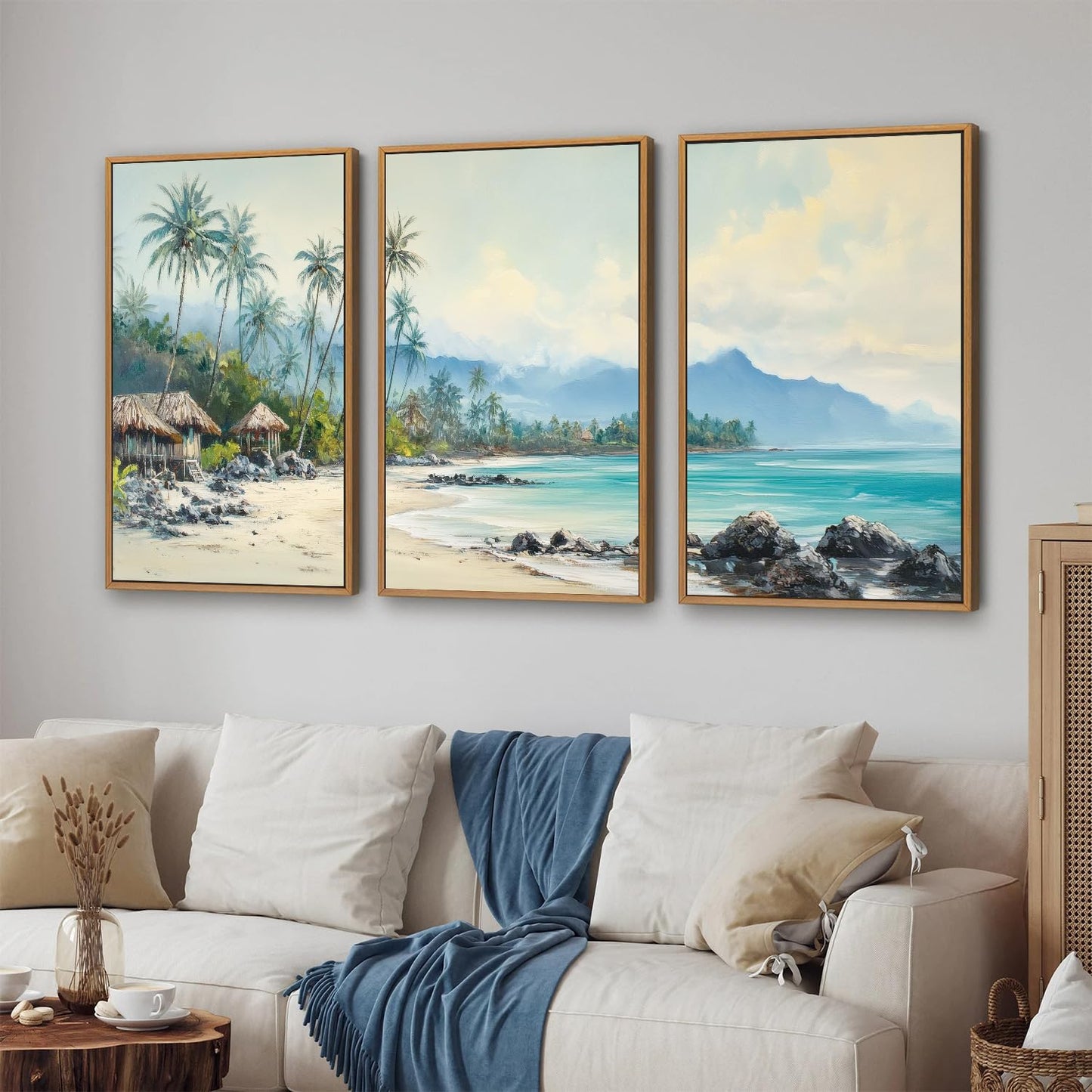 Rantodecor Tropical Coastal Framed Canvas Wall Art, Beach Landscape Posters Wall Decor, Island Palm Trees Beach House Art Paintings, Seascape Mountains Artwork for Bedroom Living Room Office 16"x24"x3