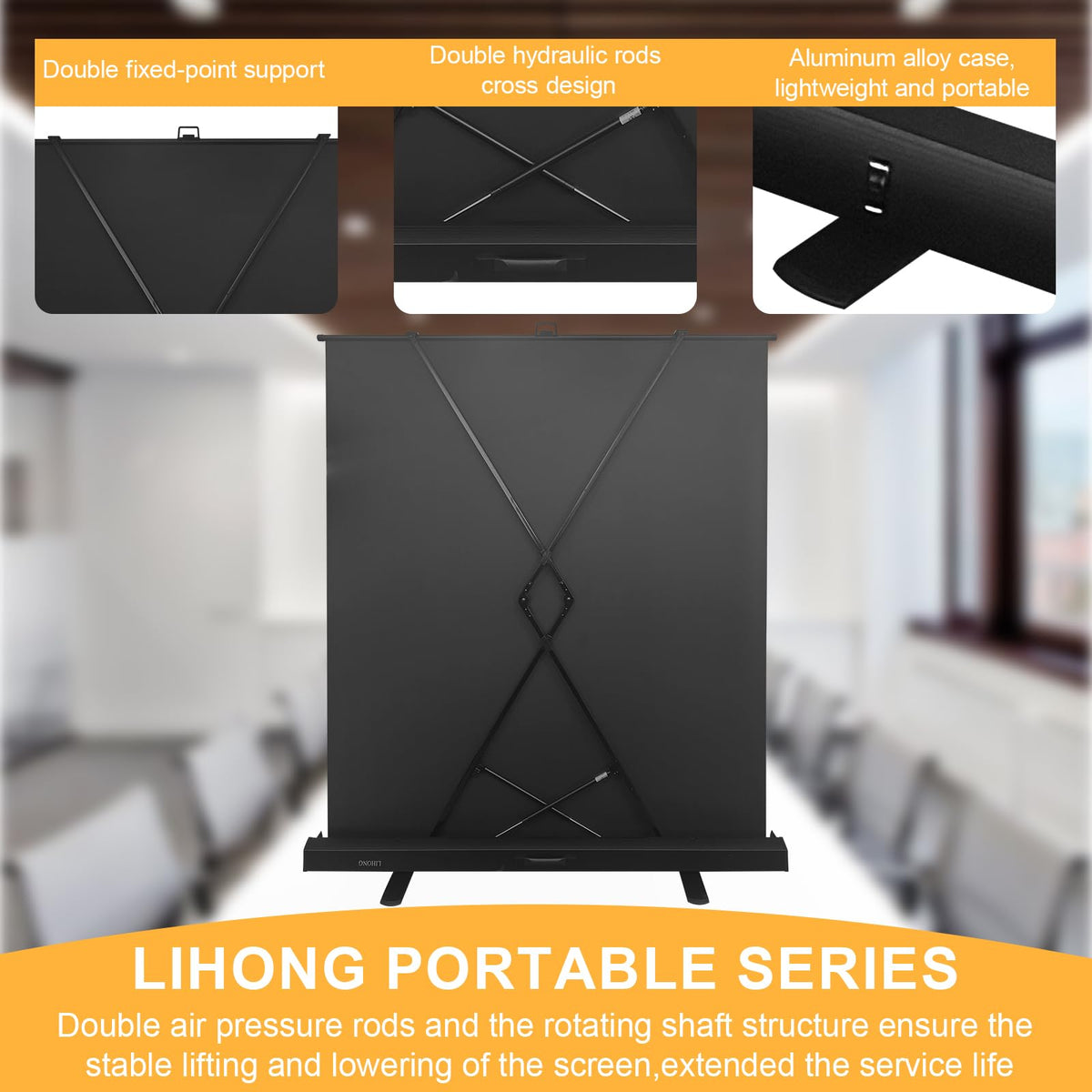 LIHONG Screen 100 inch 16:9 Portable Manual Pull Up Floor Rising Projector Screen Indoor & Outdoor HD Matte White for Long Standard Projection Fast Setup for Home Theater Movies,Classroom,Office