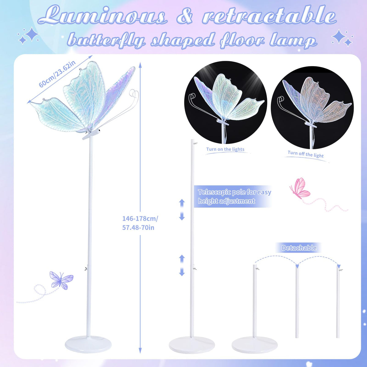 B-COOL Wedding Butterfly Floor Lamp Decoration: Christmas Birthday Party Lights Butterfly Ceiling Lamp Butterflies Chandelier White Led Decorative Iridescent|Silver Sequin 60cm/23.6in & 1PCS