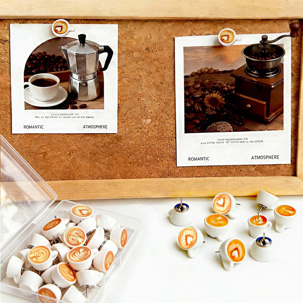 20 Pack Push Pins for Bulletin Board, Cute Push Pins Decorative Push Pin, 3D Coffee Latte Art Thumb Tacks with Storage Box for Cork Board, Office School Home Photo Wall Decor