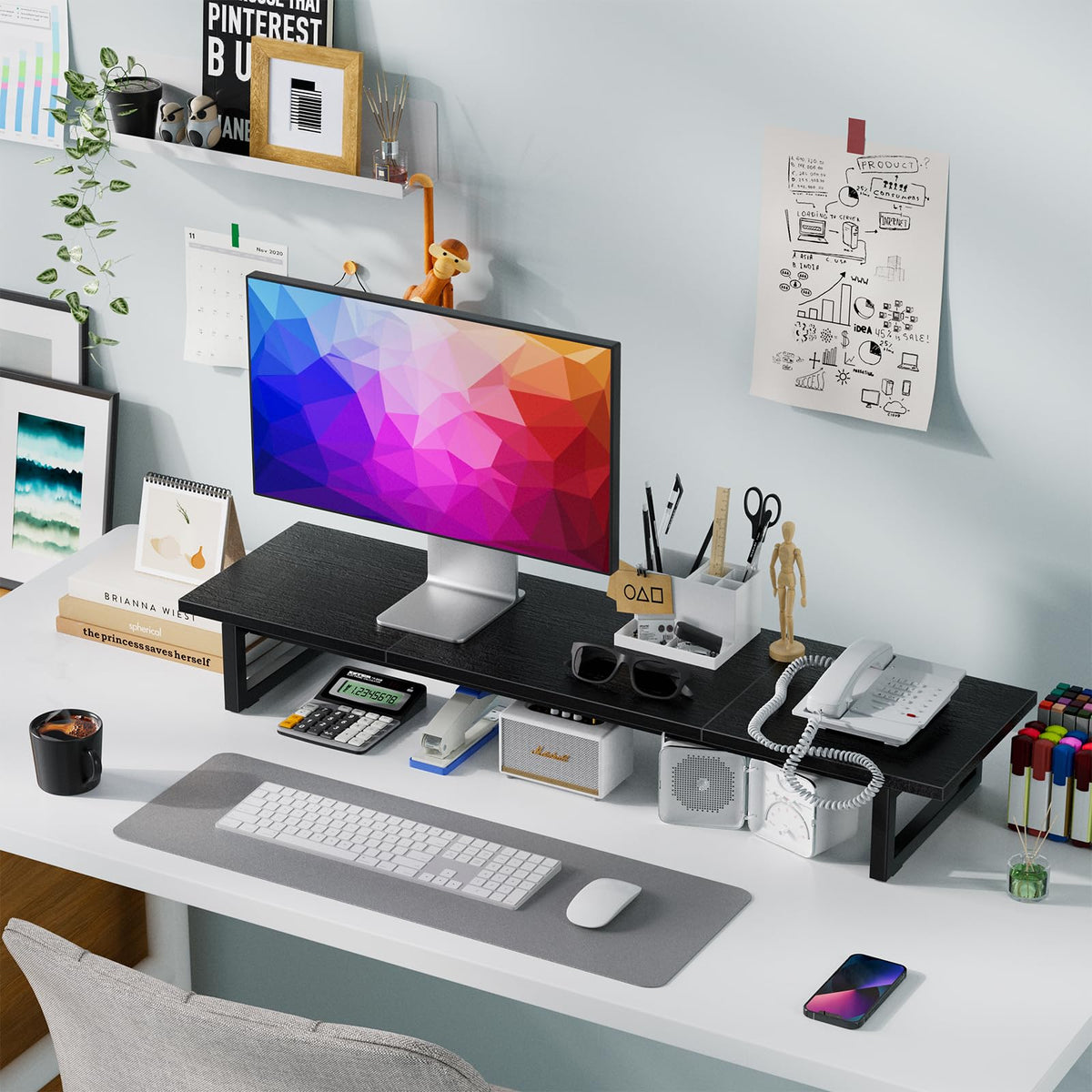 Simple Trending 38 Inch Dual Monitor Stand Riser, Wood and Steel Desktop Organizer for Home Office, Black
