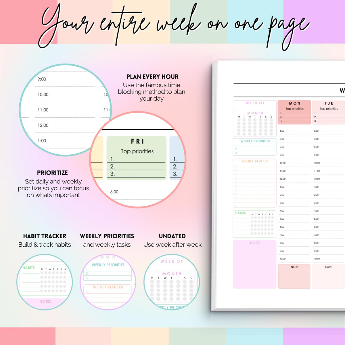Weekly Hourly Planner Notepad, Daily Planner Desk Pad, Weekly Schedule, To Do List Note Pad, ADHD Planner | 50 Undated Tear Away Sheets | A4 (Rainbow)