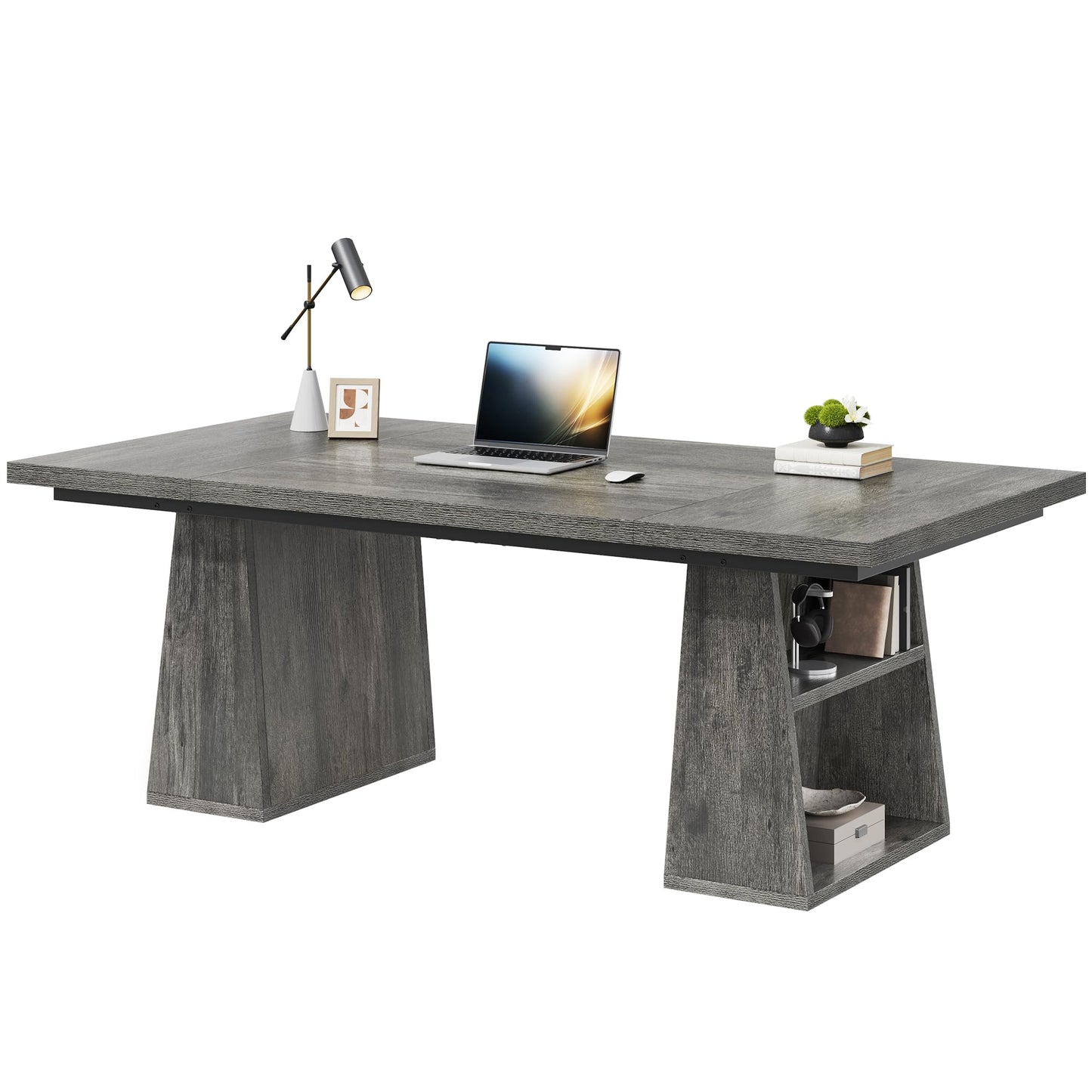 YITAHOME 63" Executive Desk, Large Office Desk Computer Desk with Double Pedestal and Storage Shelves, Wood Simple Workstations Writing Table Conference Table Business Furniture for Home Office, Grey