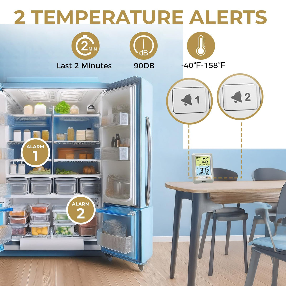 U UNNI Refrigerator Thermometer with Alarm, Digital Wireless Fridge and Freezer Thermometer, Max Min Temperature Records with Magnetic & Stand Options for Home Restaurant