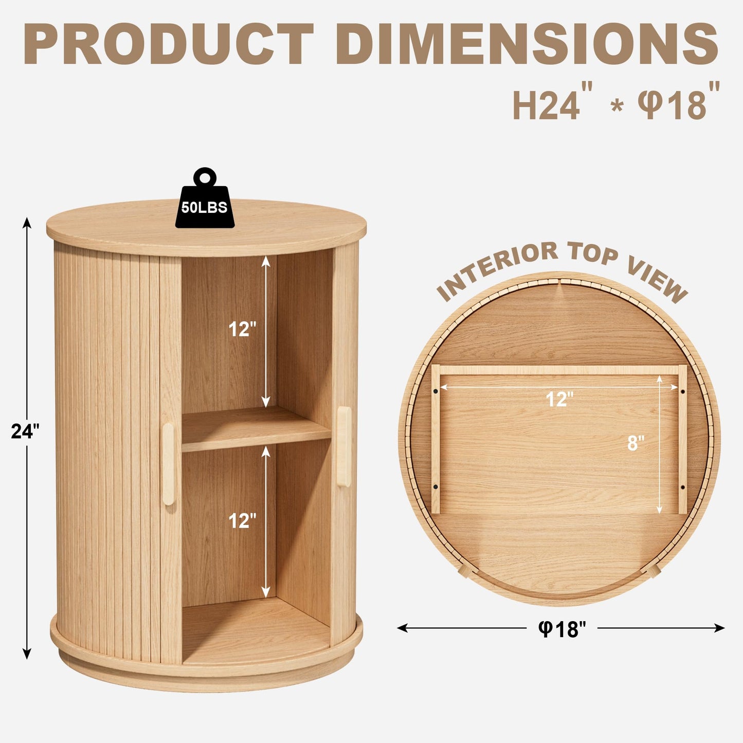 INNOD Side Table with Storage for Living Room, Round End Table with Sliding Tambour Door, Wood Night Stand Nightstand Bedside Table for Bedroom, Small Round Side Table, Mid Century Modern, Light Oak