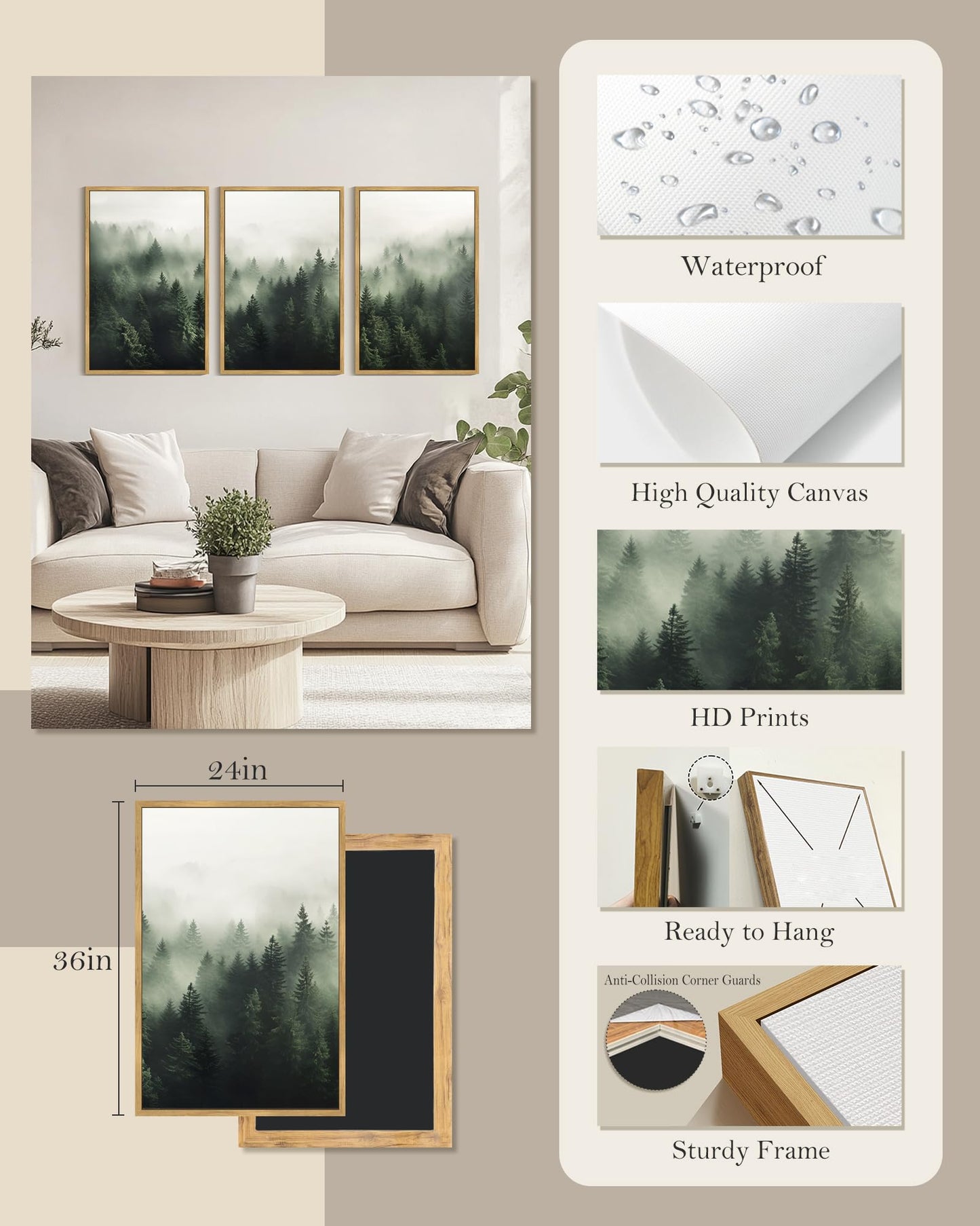 SHENIFY Green Fog Pine Tree Forest Canvas Wall Art Large 24x36in Framed Nature Modern Artwork Prints Decor - Natural Framed