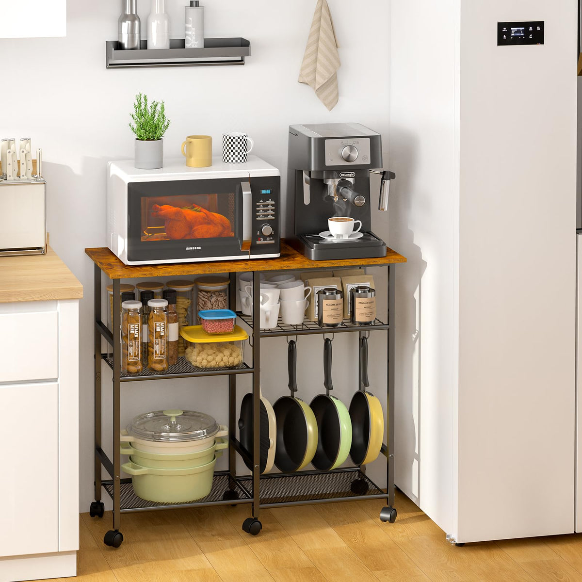 ThreeHio Rolling Kitchen Microwave Cart, 3-Tier Microwave Stand with Adjustable Shelf, Kitchen Storage Cart on Lockable Wheels, Coffee Bar Baker's Rack Organizer Shelf for Living Room, Office, Balcony