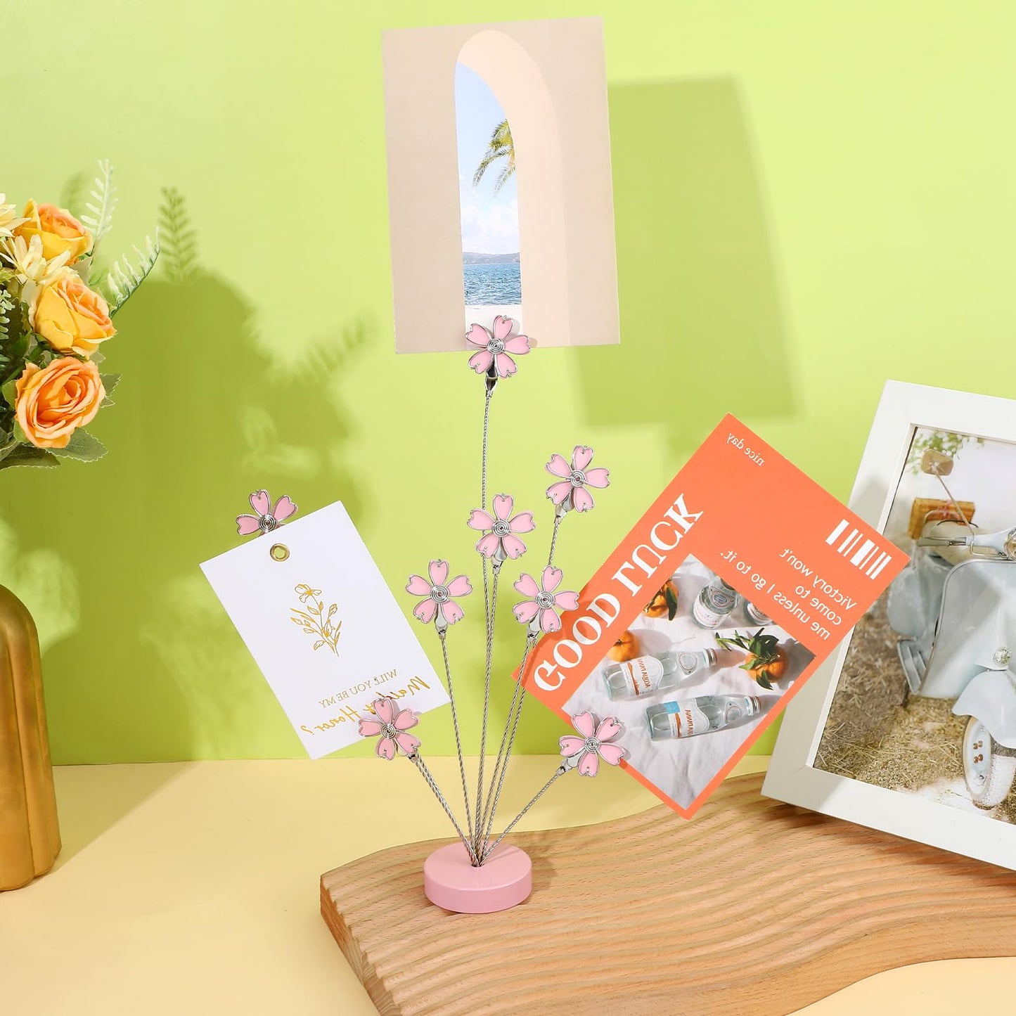 8 Branch Photo Tree Holder, Pink Cherry Blossom Gift Card Display Stand with Clips for Pictures, Memo Notes, Office Home Desk Décor