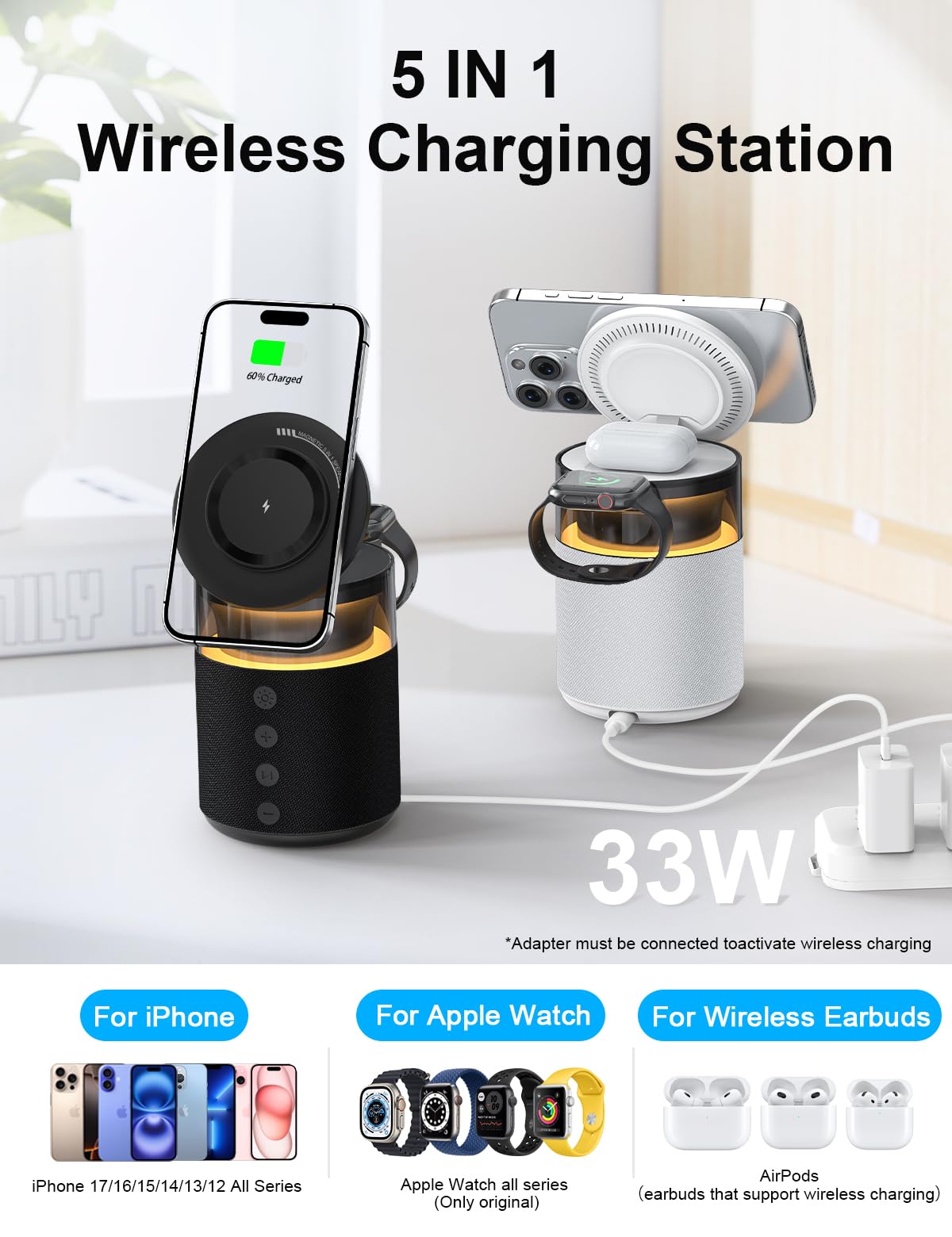 5-in-1 Wireless Charging Station with Bluetooth Speaker,Magnetic Charger with Night Light,Charger Stand with 33W Adapter Compatible with Apple Watch&iPhone 16 15 14 13 12 Pro Max&Wireless Earbuds