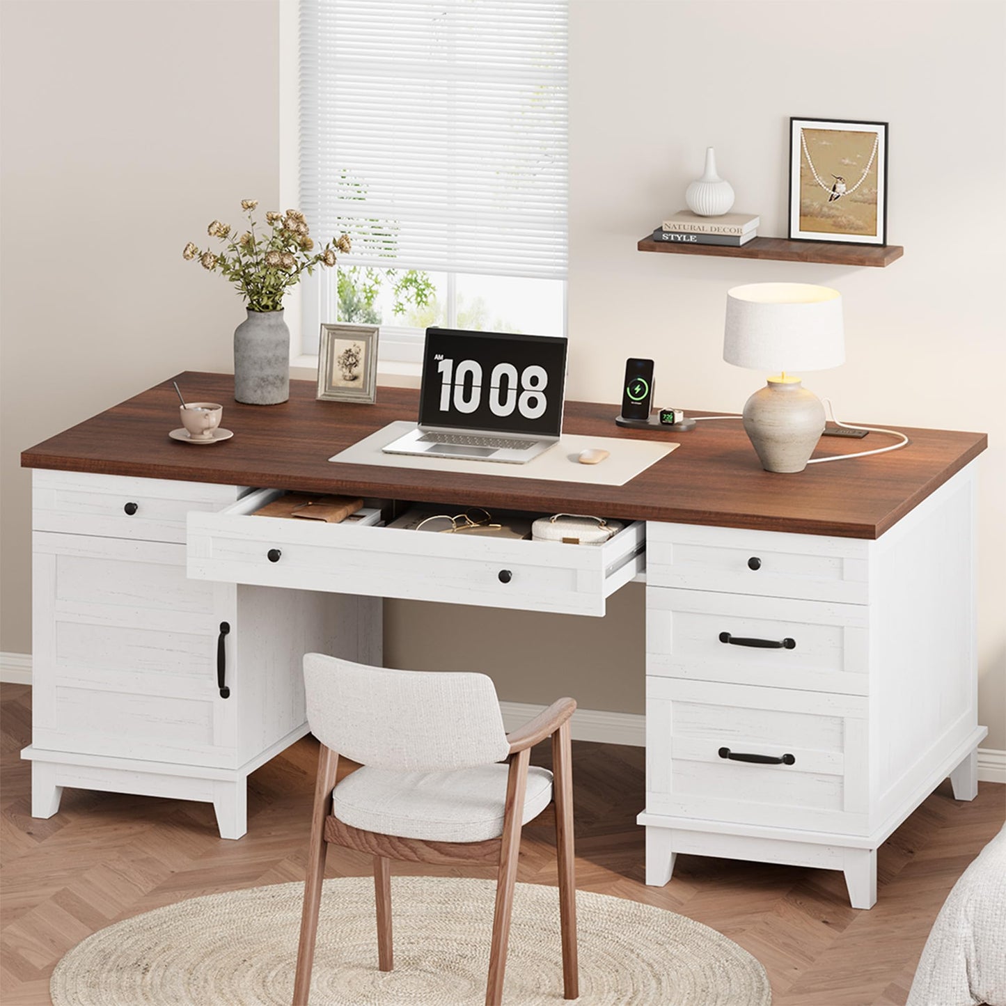 IDEALHOUSE Farmhouse Executive Desk 60 Inch, Wooden Home Office Desk with Adjustable Storage Cabinet, Built-in Charging Port, File Cabinet for Writing & Study, Elegant Workstation, Brownish White