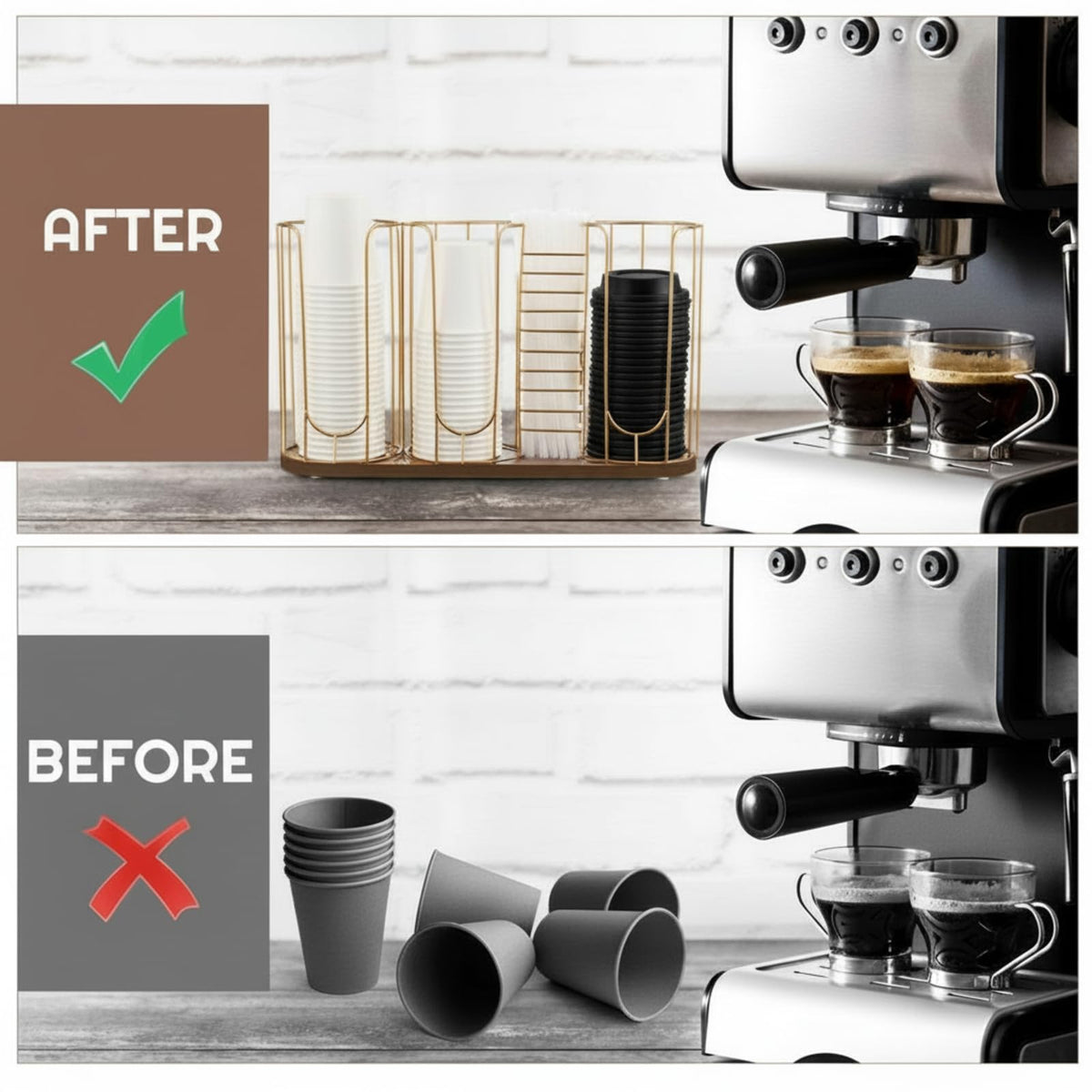Geelin 18oz Adjustable Coffee Cup Dispenser, Cup Holder Organizer for Storing Paper Cups, Straws, Lids and Disposable Tableware(4-compartment Single Layer,Brown and Gold)