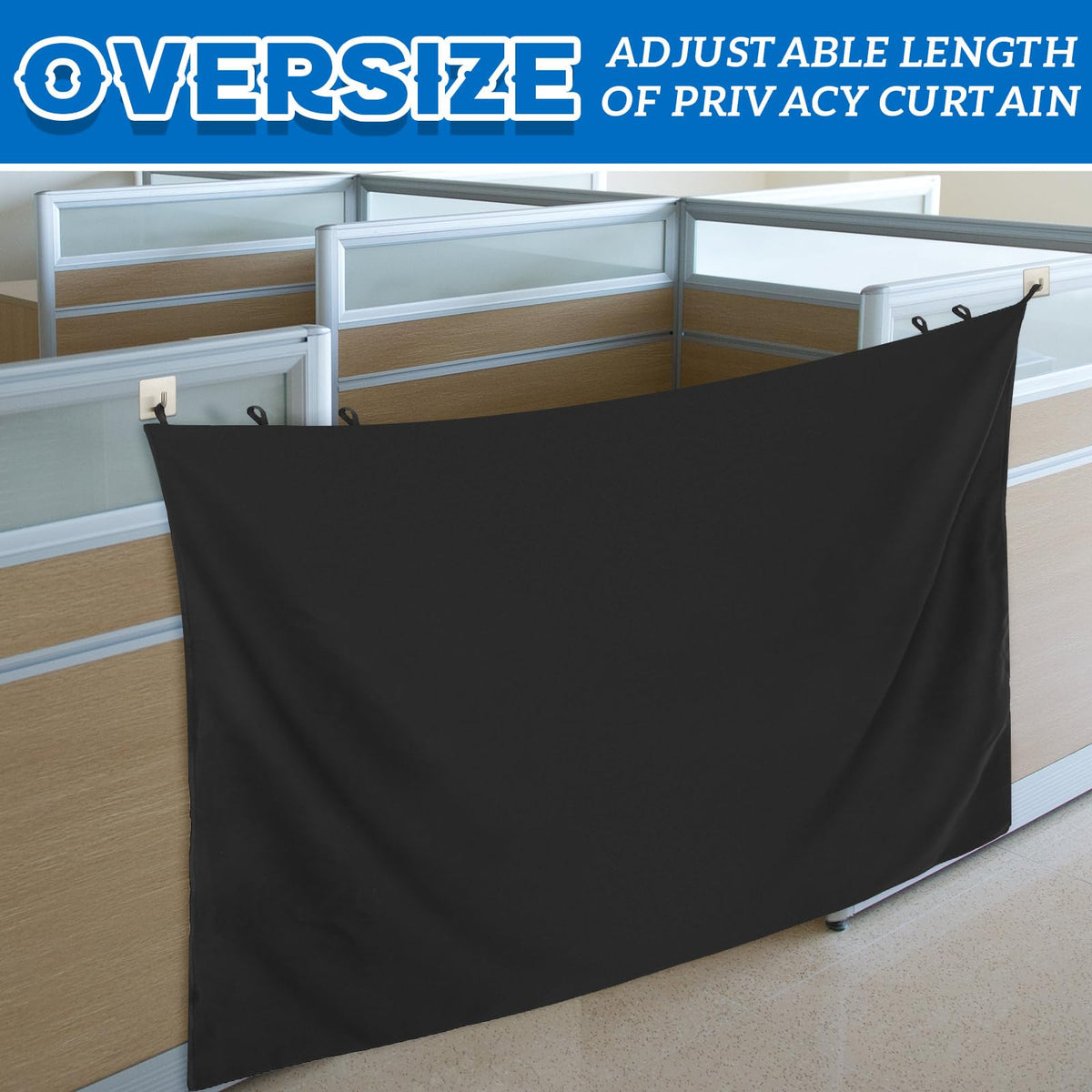 Pinkunn 60 x 53 Inch Black Adjustable Office Cubicle Curtain with Stainless Steel Self Adhesive Hook Extra Large Portable Privacy Door Partition Room Office Divider