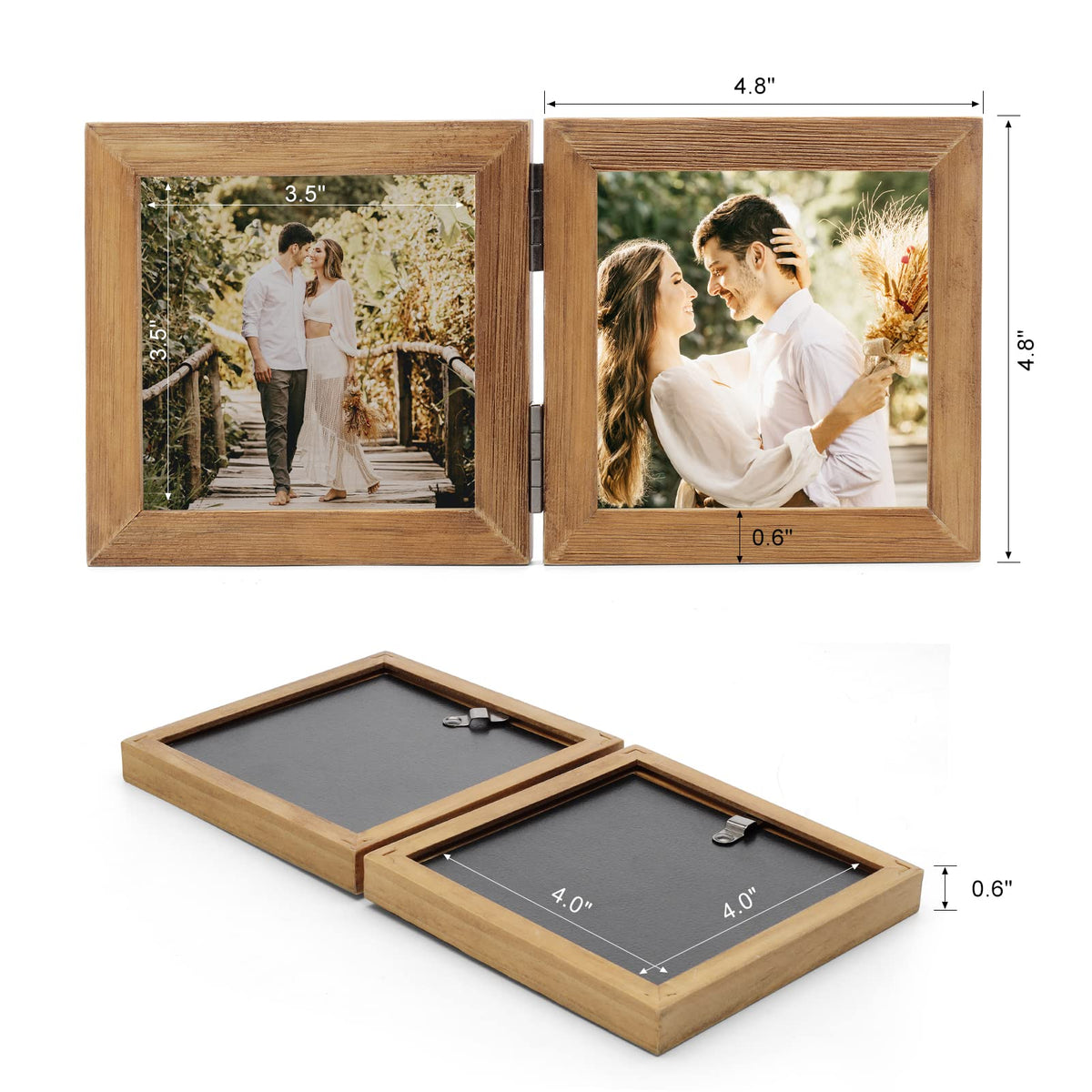 Janreefan Double 4X4 Picture Frames Hinged Folding Rustic Photo Frames in Brown for Wall Hanging or Tabletop Standing, Made of Pine Wood with Real Glass P-44 * 2-MU