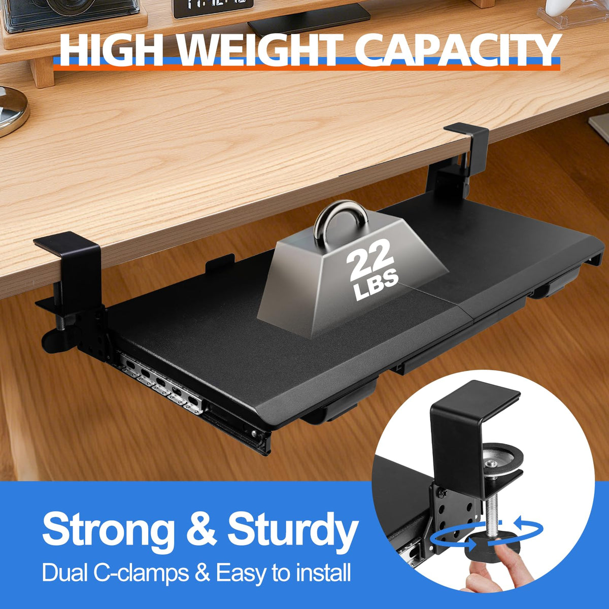 OUKMIC Large Height Adjustable Keyboard Tray with Sturdy C-Clamp Mount and Storage Drawer, 27"(31"Including Clamps) x 12" Slide Out Ergonomic Keyboard Trays for Home and Office, Black