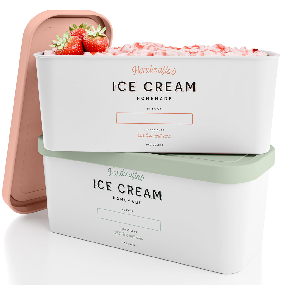 ZICOTO Set of 2 Reusable Ice Cream Tub Containers 2 Quart Each - Perfect for Homemade Sorbet, Frozen Yogurt Or Gelato - Stackable Storage Containers, Stickers And Lids Stores Easily In Freezer