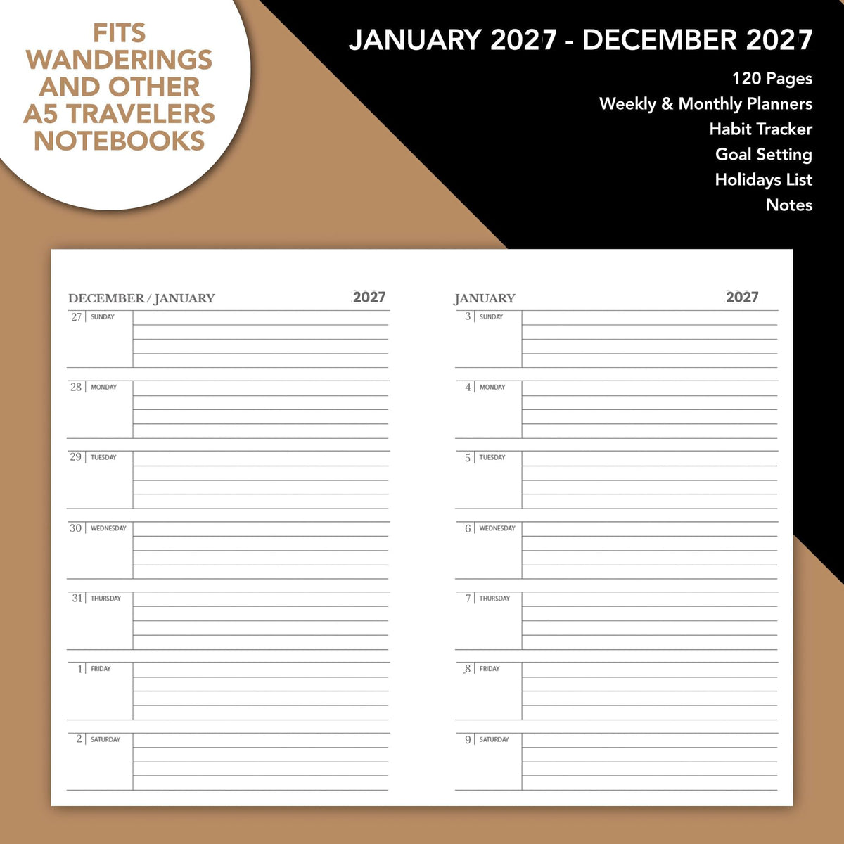 Wanderings Traveler's Notebook Calendar Refill Inserts - 4.25 x 8.25" (11cm x 21cm) - January 2027 - December 2027- Calendar Planner Refills For Leather Travel Journals, Diaries and Planners