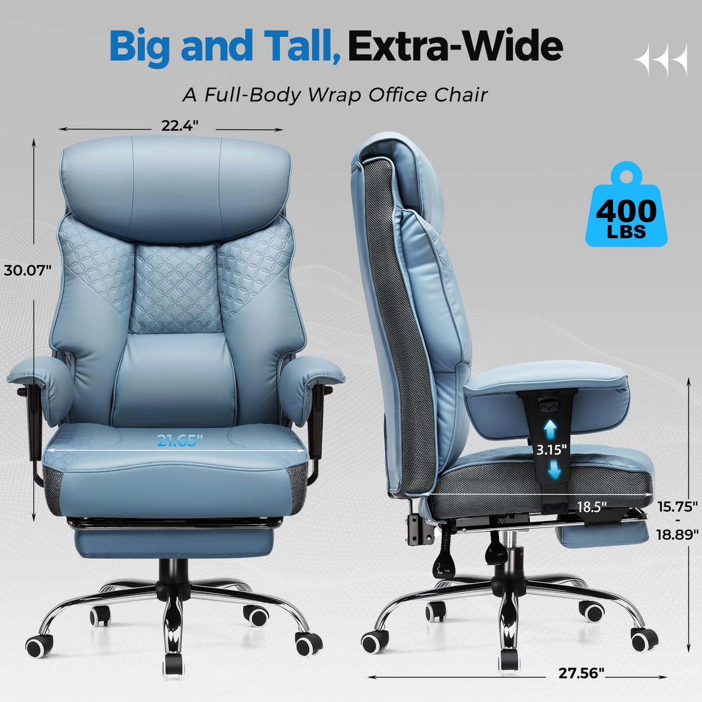 GTPLAYER Big and Tall Office Chair, High Back Computer Gaming Chair with Ergonomic Lumbar Support &Pocket Spring Cushion for Lower Back Pain Relief, Leather Executive Chair with Foot Rest, Blue