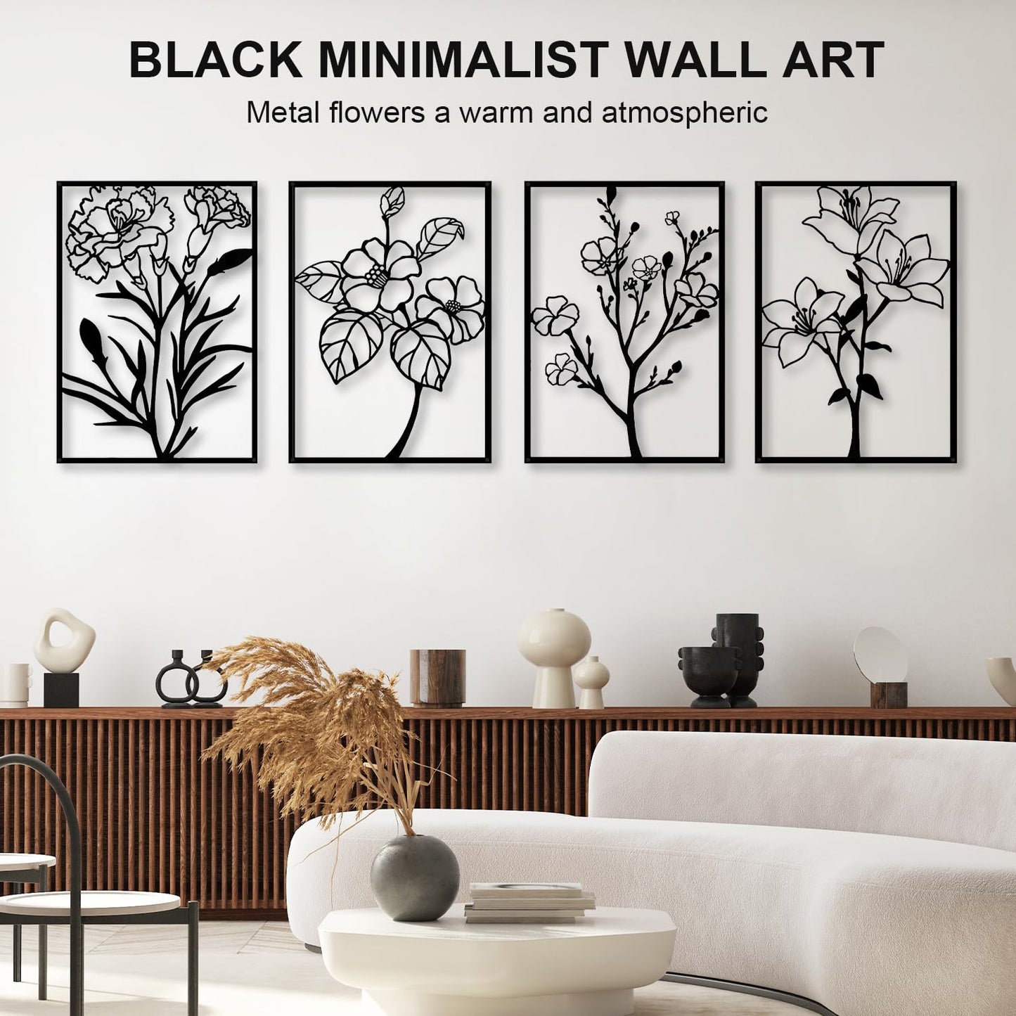 ZNZAPO 4 Pcs Black Metal Flower Wall Art, Abstract Line Art Wall Decor, Minimalist Floral Wall Hanging Art, 3d Wall Art Sculptures Decor for Living Room Bedroom Bathroom (11 × 15.7”)
