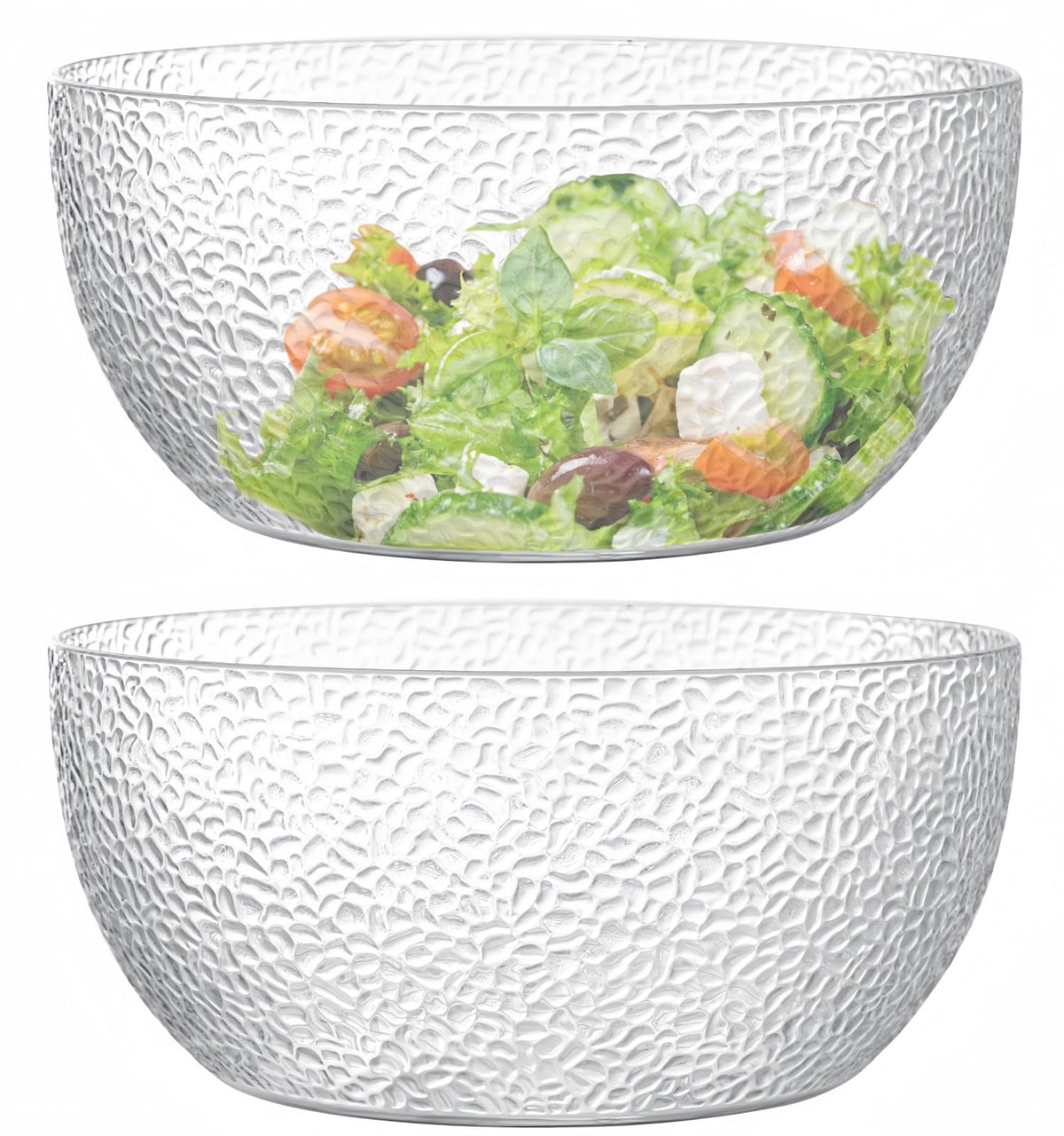 Qxbekmor 130 oz Acrylic Salad Bowls, 9.5" Serving Bowls for Fruits, Popcorn, Chips, Dips, Condiments, Break-Resistant Set of 2, Clear Circular