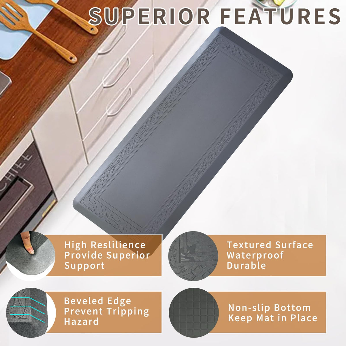 24 x 60 Inch Extra Support Anti Fatigue Comfort Kitchen Mat, Waterproof Long Kitchen Runner, Non-Slip Standing Desk Mat, Commercial Pads for Offices, Home, Garages (Bordeaux Grey, 24'' x 60'')