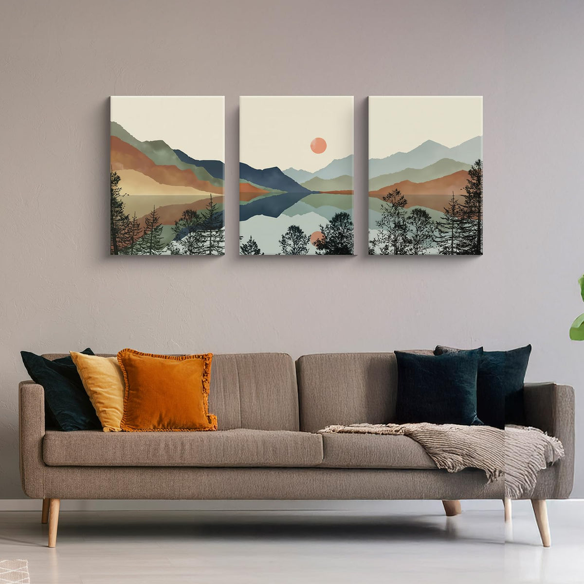 Framed Boho Mountain Landscape Wall Art Set of 3-Canvas Prints, with Sunset and Lake Pictures posters Modern Minimalist painting Living Room, Bedroom, Office Ready to Hang 16x24Inch