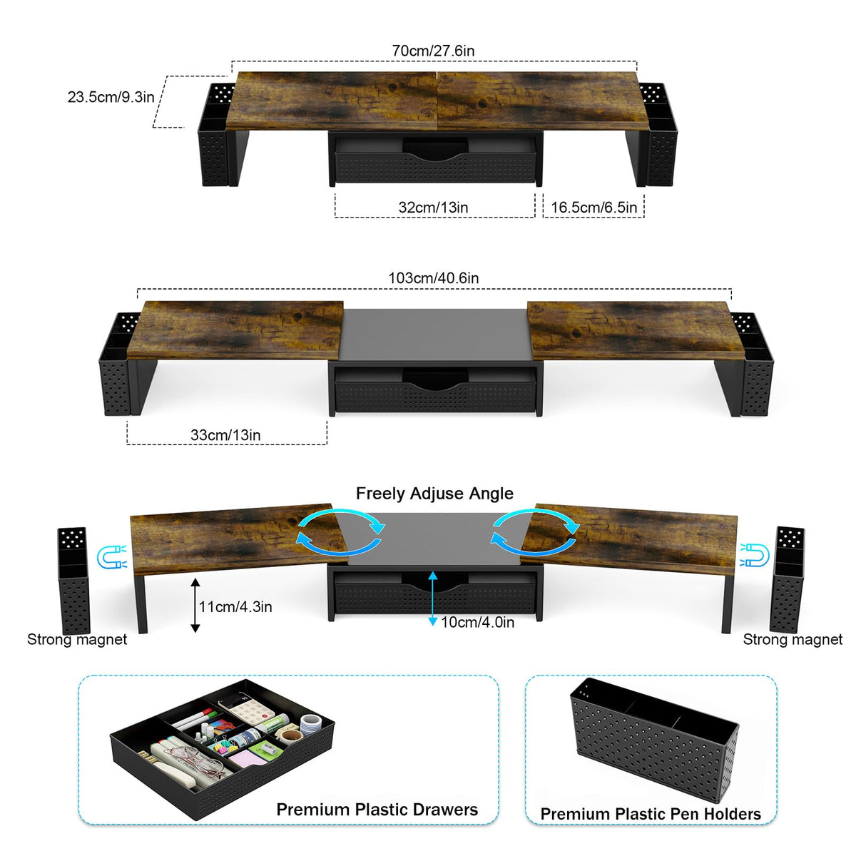 Spacrea Metal Desk Organizers and Accessories, Dual Monitor Stand Riser with Drawer and 2 Pen Holders, Desk Accessories & Workspace Desktop Organizers for Office Supplies (Wood)
