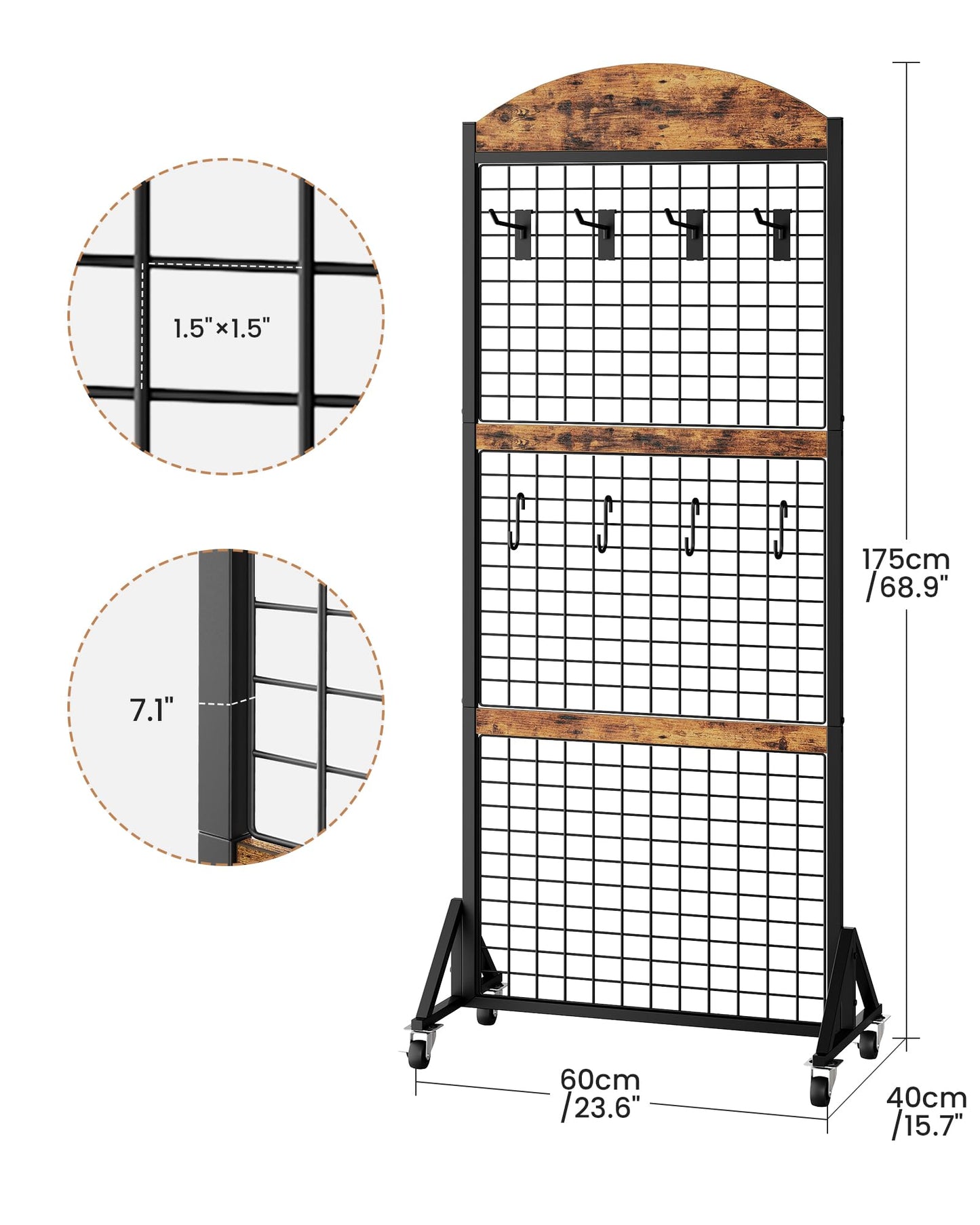 CHOEZON Grid Wall Panel 5.7’ x 2’ FT Grid Display Rack, Movable Gridwall Display Stand with Wheels,Floorstanding Wire Grid Rack with 4 S-Shaped Hooks and 4 Garment Hooks Rustic Brown and Black TCJ17BF