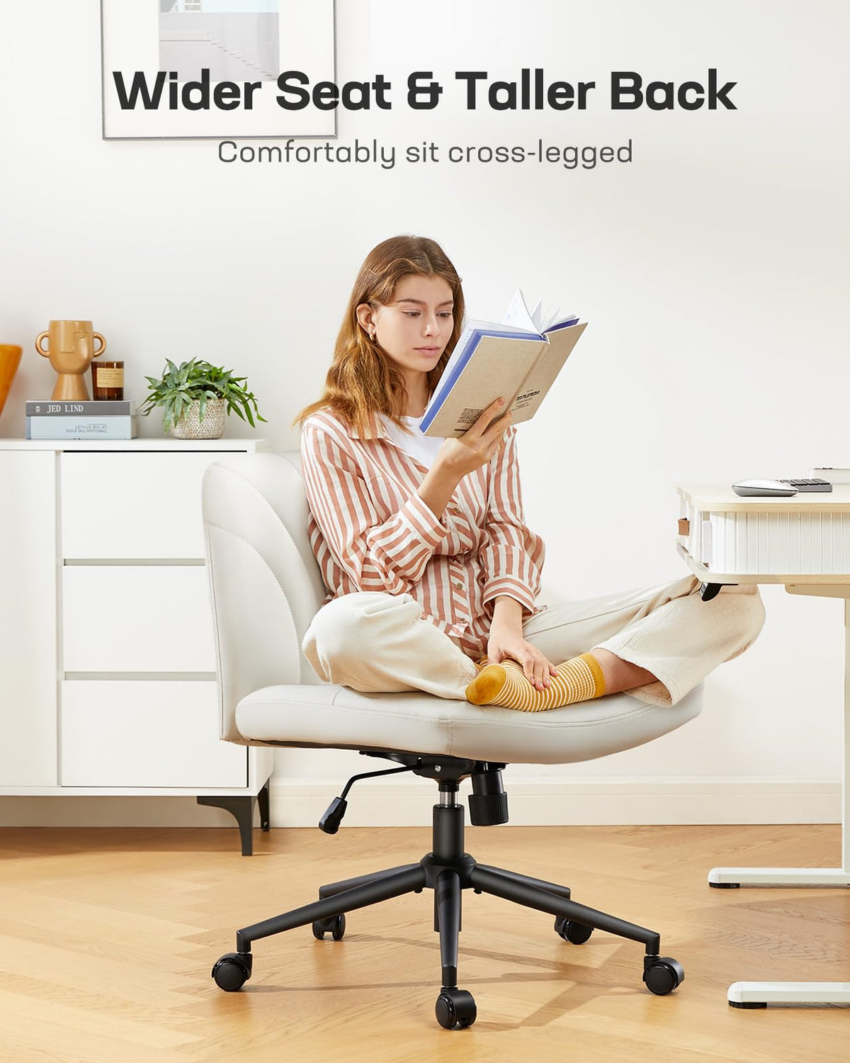Marsail Criss Cross Chair with Wheels: PU Leather Cross Legged Office Chair Wide Armless Desk Chair Swivel Height Adjustable Vanity Chair for Make Up,Small Space,Bed Room(Beige)