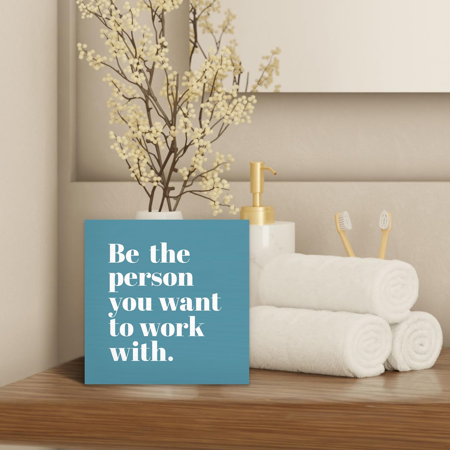 Luipk Be The Person You Want to Work With Inspirational Wood Box Sign Desk Decor 5X5, Teamwork Motivational Blue Green Wooden Block Sign Decorations for Home Office Workplace Wall Tabletop Shelf