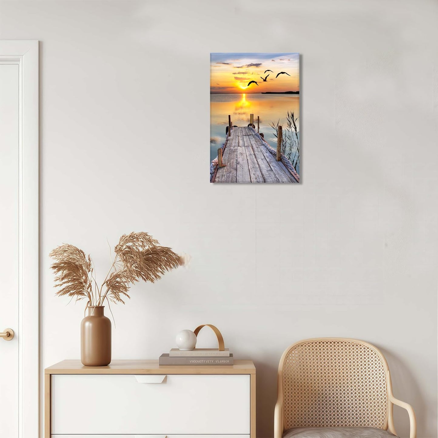 Sunset Wall Art Lakeside Pier Trail Canvas prints Sunset Nature Landscape Painting for Home Living Room Bedroom Office (12x16 inch) Framed