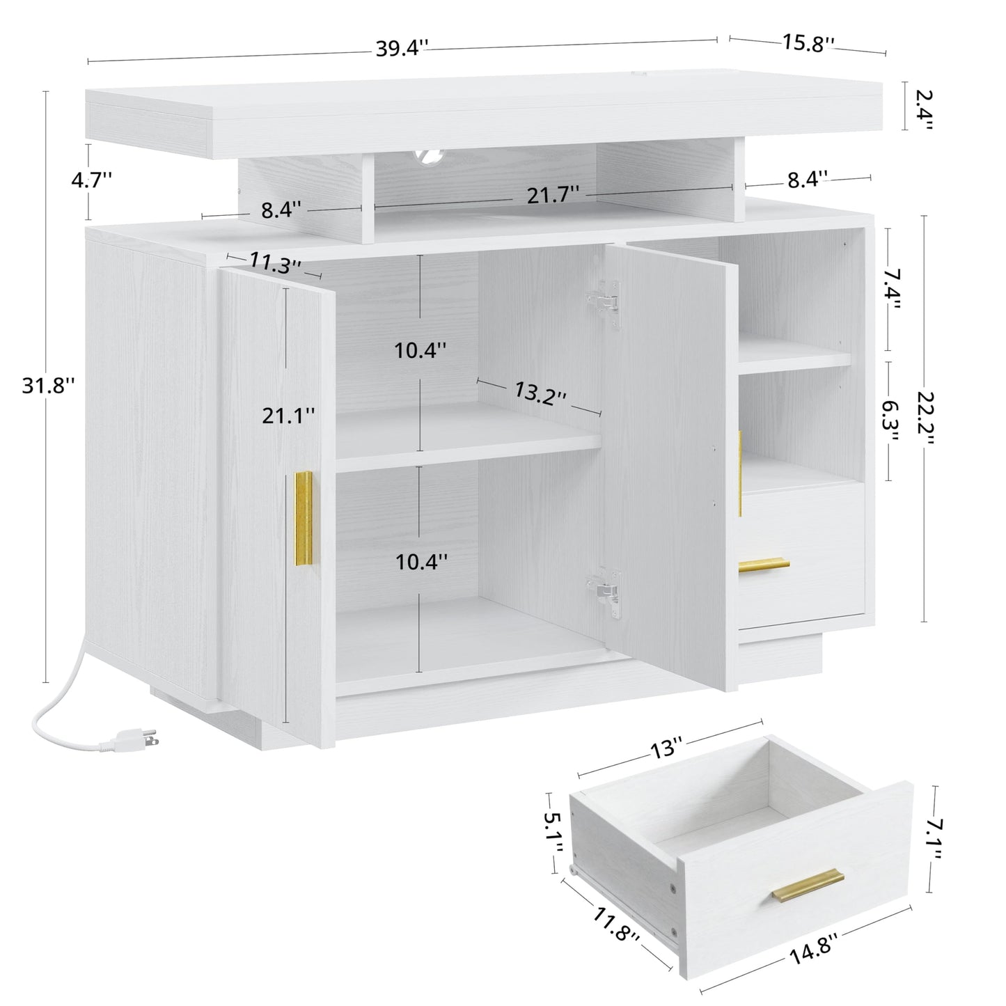 IRONCK Buffet Cabinet, Sideboard Cabinet with Power Outlet and LED Light, Modern Storage Cabinet with Drawer, Coffee Bar Cabinet with Doors and Shelves for Kitchen, White