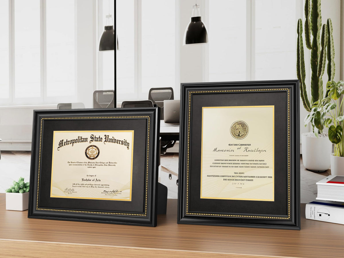Yaetm 11x14 Diploma Frame, Certificate Frame with Tempered Glass, Display 8.5x11 Document with Black Over Gold Acid-free Mat, Degree Frames for Wall and Tabletop, Black with Gold Beads, 1 Pack