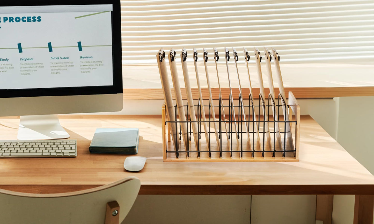 Youeon Vertical Clipboard Holder, 12 Slot Bamboo and Metal Clipboard Stand, Desk File Organizer Storage Rack for Home, Office, Classroom, No Assembly Required