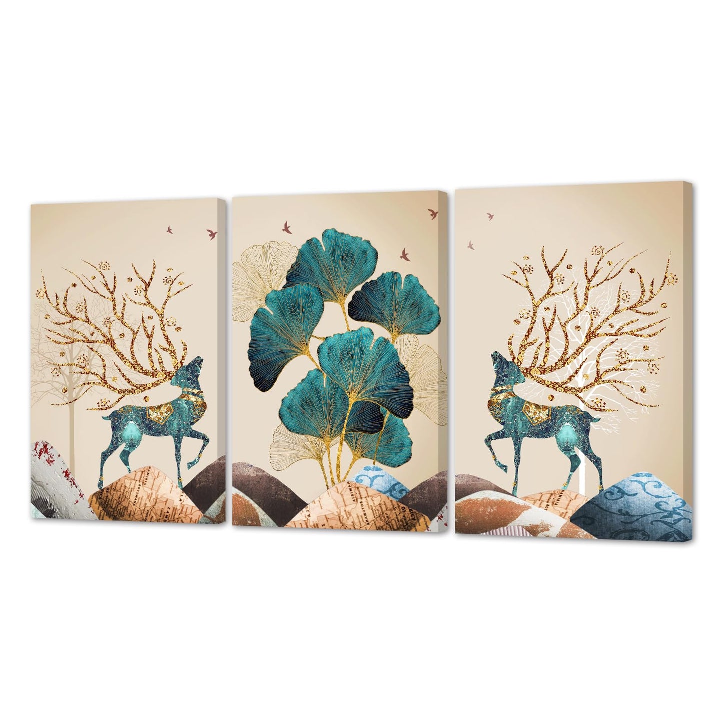 Innvafeli Canvas Painting Wall Art, Ginkgo Elk Modern Wall Art Decoration Posters Prints for Living Room, Bedroom, Office Decor, Kitchen, Bathroom, Modern Wall Decor Paintings, Gallery-Wrapped Canvas Art Set Framed Ready to Hang