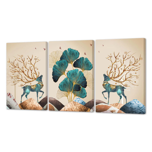 Innvafeli Canvas Painting Wall Art, Ginkgo Elk Modern Wall Art Decoration Posters Prints for Living Room, Bedroom, Office Decor, Kitchen, Bathroom, Modern Wall Decor Paintings, Gallery-Wrapped Canvas Art Set Framed Ready to Hang