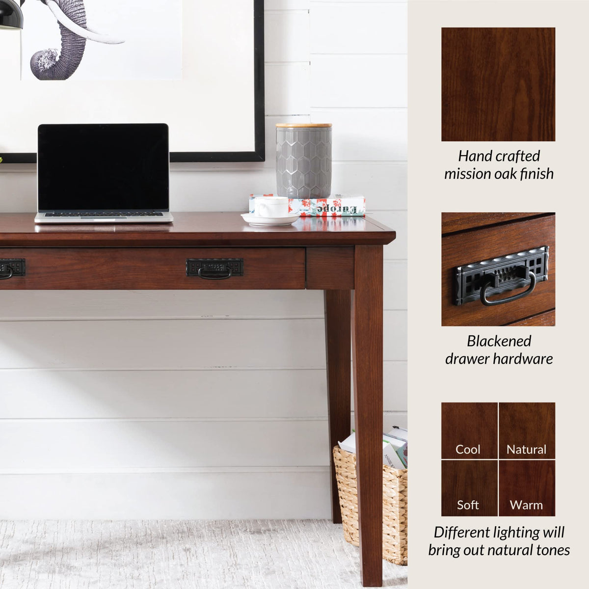 Leick Home 82400 Mission Writing Computer Desk with Drop Front Keyboard Drawer, for Home Office, Solid Wood, Mission Oak