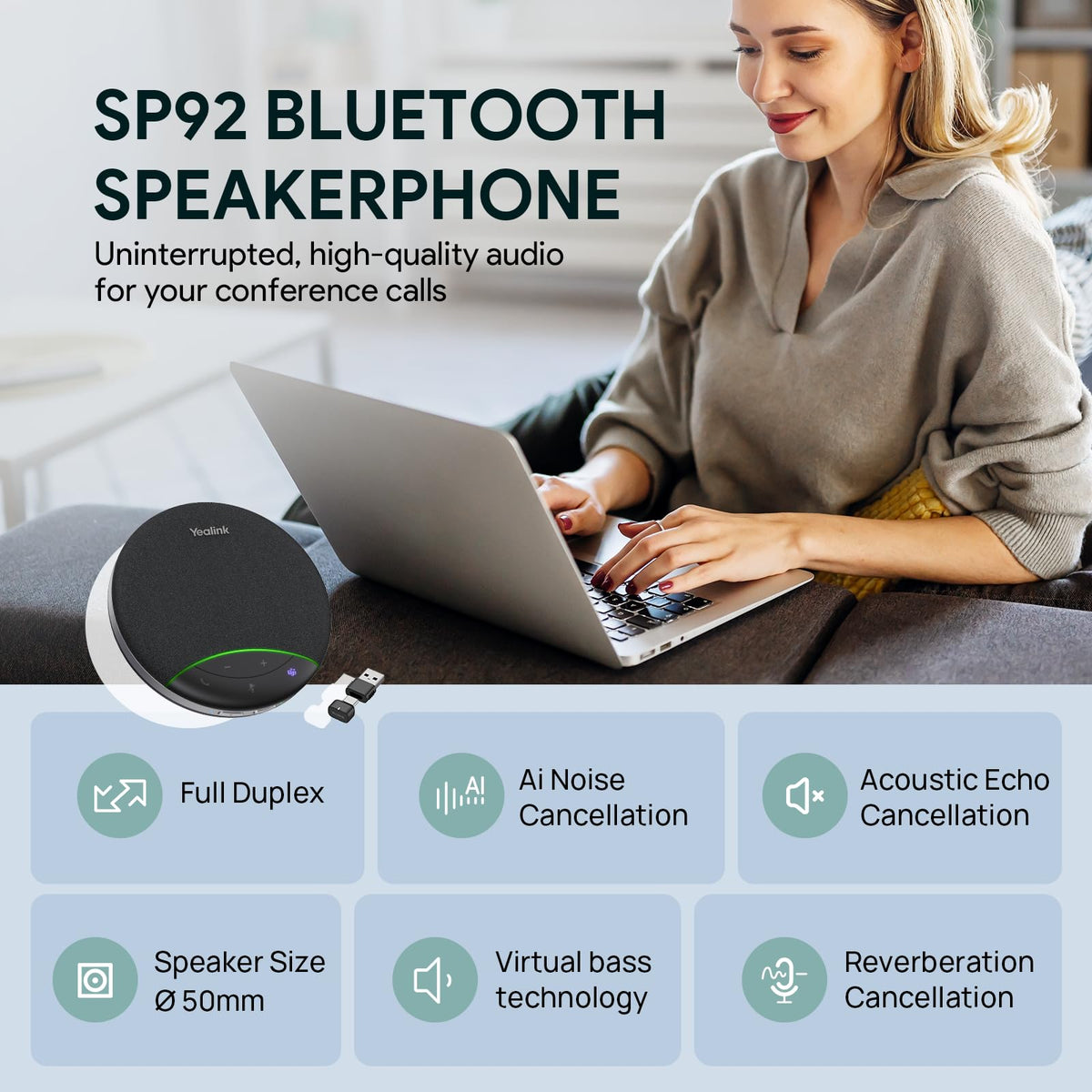 Yealink Sp92 Conference Speaker and Microphone with Bluetooth Dongle, Teams Certified, Noise Reduction, 20H Call Time USB Speakerphone for 4-6 People Meeting Room